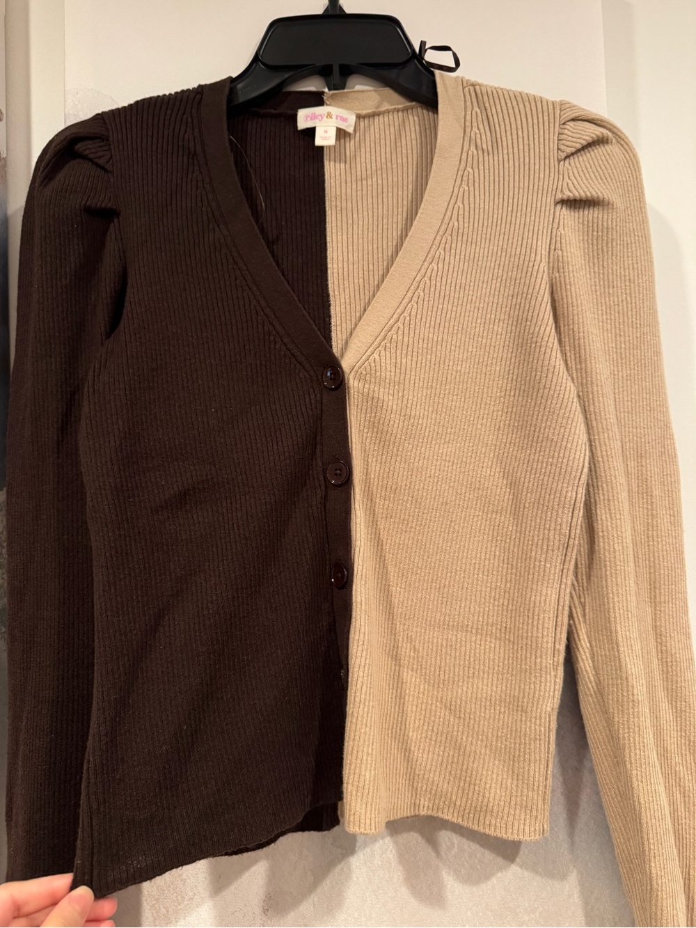 Two-Tone Brown & Beige Ribbed V-Neck Cardigan